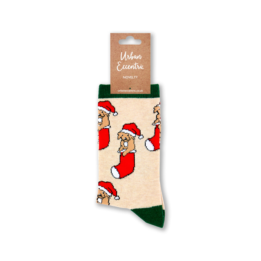 Ladies Puppy In Stocking Christmas Socks